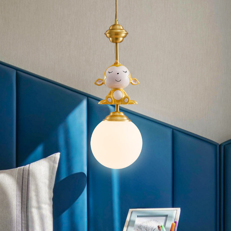 Gold Finish Monkey Pendulum Lamp Cartoon 1 Bulb Resin Suspension Light with Ball Frosted Glass Shade