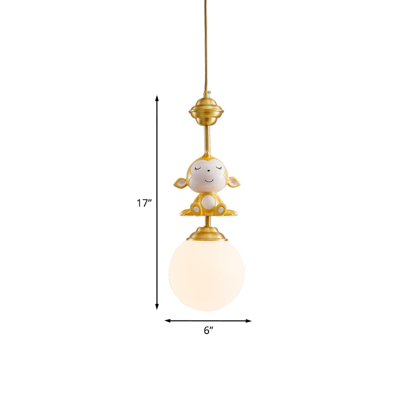 Gold Finish Monkey Pendulum Lamp Cartoon 1 Bulb Resin Suspension Light with Ball Frosted Glass Shade