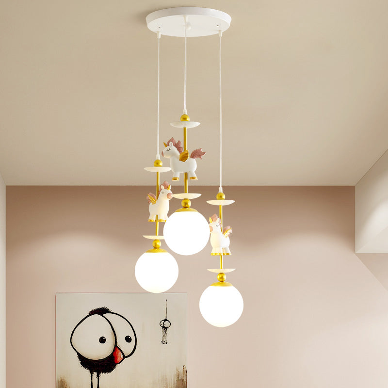 3 Lights Bedroom Multi Light Pendant Cartoon White Unicorn Pendulum Lamp with Global Milk Glass Shade