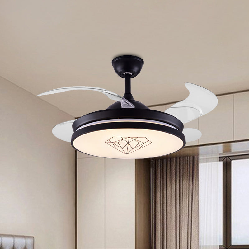 4 Blades Metal Round Hanging Fan Light Nordic LED Black Semi-Flush Ceiling Lamp with Diamond Pattern, 16" W