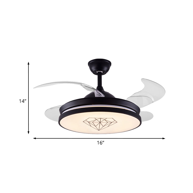 4 Blades Metal Round Hanging Fan Light Nordic LED Black Semi-Flush Ceiling Lamp with Diamond Pattern, 16" W