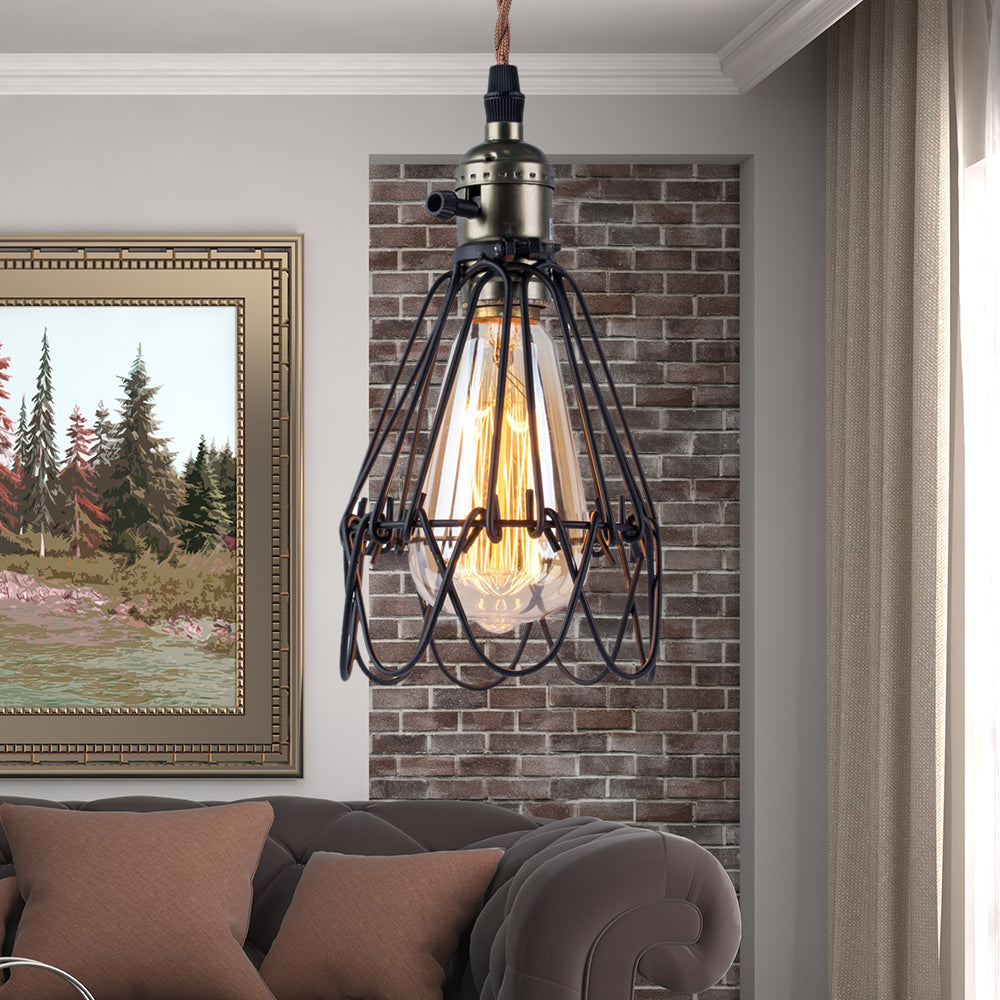 Open Caged Metallic Pendant Lighting Rustic Industrial 1 Bulb Living Room Hanging Light in Black