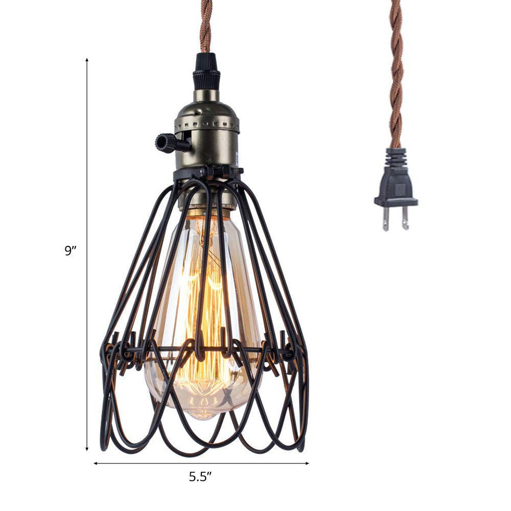 Open Caged Metallic Pendant Lighting Rustic Industrial 1 Bulb Living Room Hanging Light in Black