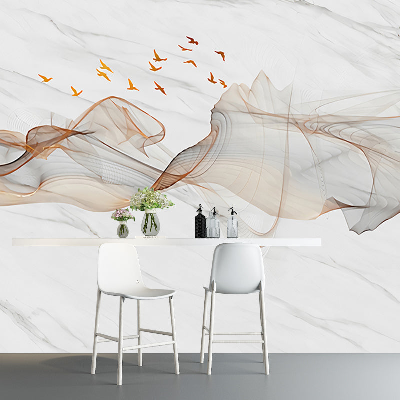 Illustration Style Mural Wallpaper Smoke and Bird Extra Large Dining Room Wall Art, Personalized Size Available