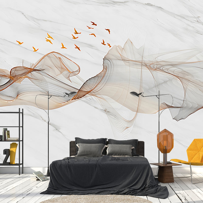 Illustration Style Mural Wallpaper Smoke and Bird Extra Large Dining Room Wall Art, Personalized Size Available