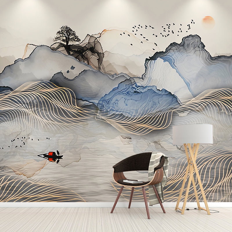 Minimalist Wall Mural Grey and Blue Mountain and Sun Wall Covering for Gallery, Non-Woven Material