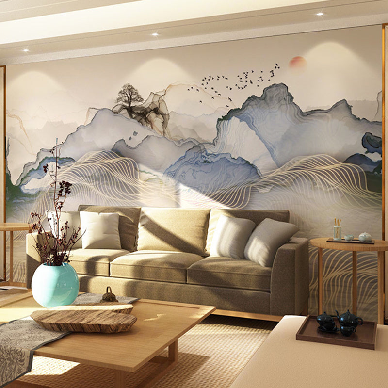 Minimalist Wall Mural Grey and Blue Mountain and Sun Wall Covering for Gallery, Non-Woven Material