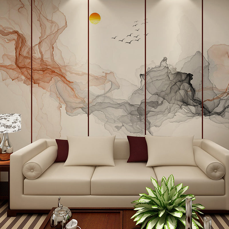 Extra Large Wall Mural for Living Room Swirled Smoke and Flying Bird Wall Art in Brown and Black, Stain-Resistant