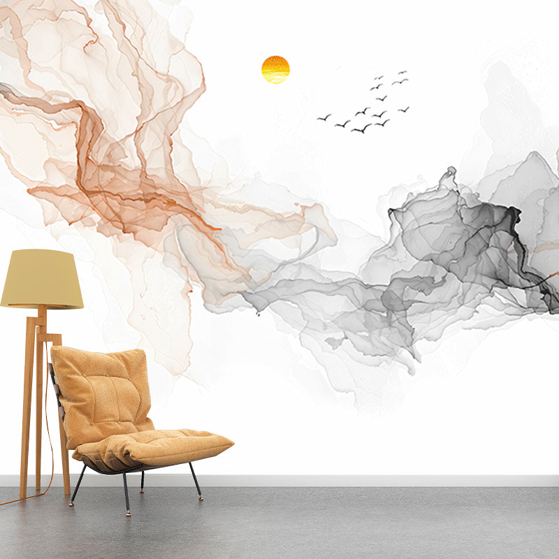 Extra Large Wall Mural for Living Room Swirled Smoke and Flying Bird Wall Art in Brown and Black, Stain-Resistant