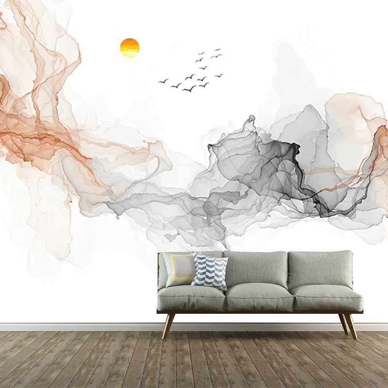 Extra Large Wall Mural for Living Room Swirled Smoke and Flying Bird Wall Art in Brown and Black, Stain-Resistant