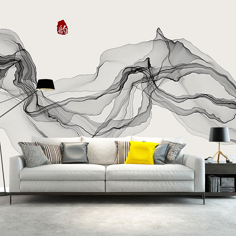 Large Illustration Style Traditional Mural for Coffee Shop with Veil and Fish man in Black and Grey