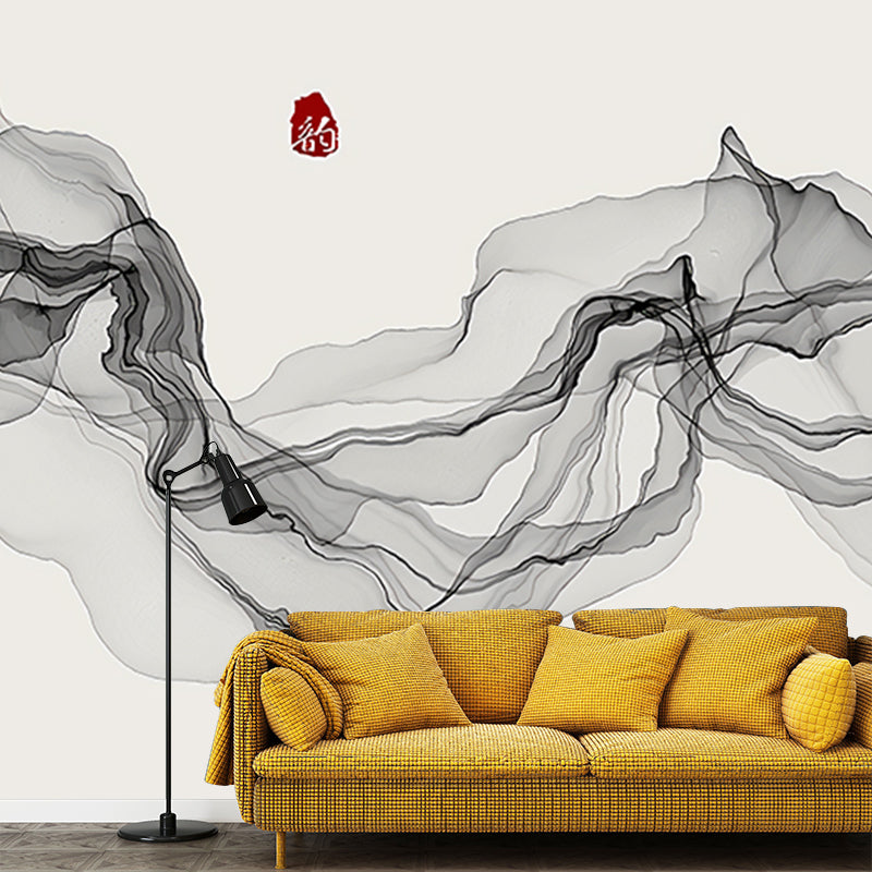 Large Illustration Style Traditional Mural for Coffee Shop with Veil and Fish man in Black and Grey