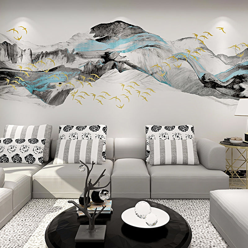 Full Size Chinese Mural Wallpaper Blue and Grey Wild Goose and Veil Wall Covering, Customized Size Available