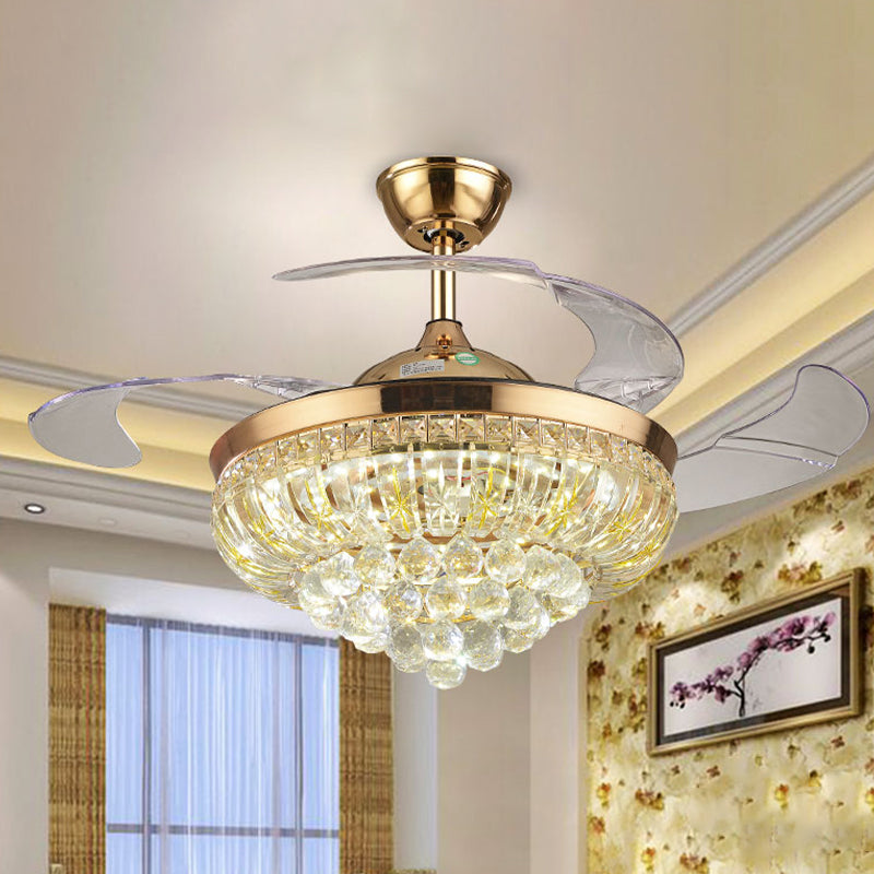 3 Blades Crystal LED Ceiling Fan Light Modernist Gold Conic Living Room Semi-Flush Mount, 42.5" W