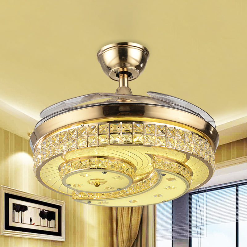 3 Blades Crescent Bedroom Fan Lighting Simplicity Crystal Gold LED Semi Flush Mount Ceiling Fixture, 42.5" Wide