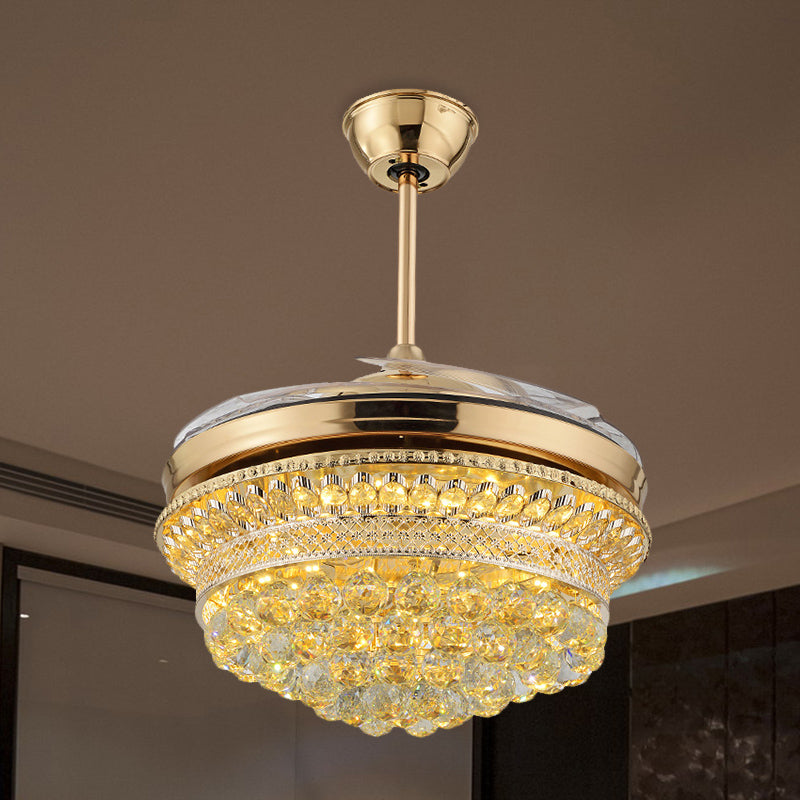 43" Wide Scalloped LED Fan Lamp Modern Stylish Gold Crystal Orbs Semi Flush Light Fixture with 4 Blades