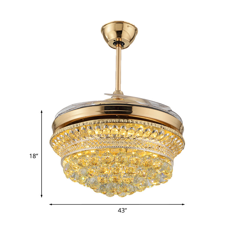 43" Wide Scalloped LED Fan Lamp Modern Stylish Gold Crystal Orbs Semi Flush Light Fixture with 4 Blades