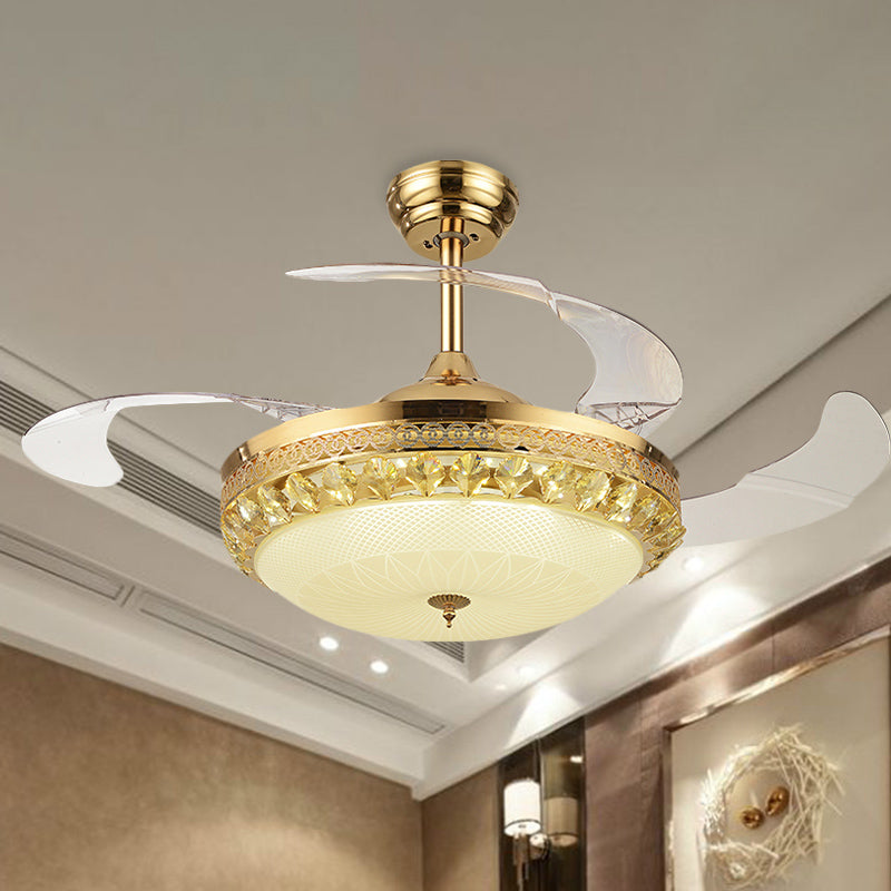 42.5" Wide Gold Bowl Fan Light Fixture Simple Crystal 3 Blades Family Room LED Semi Mount Lighting