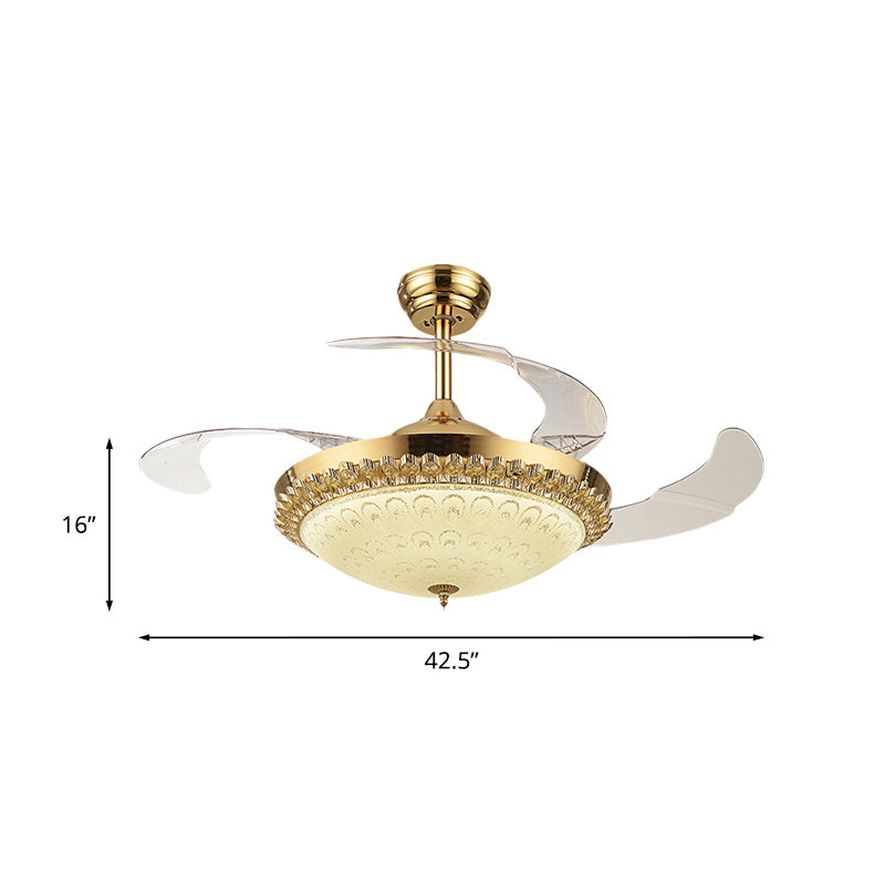 42.5" Wide Gold Bowl Fan Light Fixture Simple Crystal 3 Blades Family Room LED Semi Mount Lighting