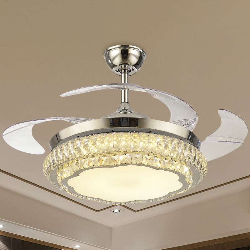 Ronde kristal spoelventilator met 4 bladen Minimalistische woonkamer 42,5 "W LED Semi Flush Light in zilver