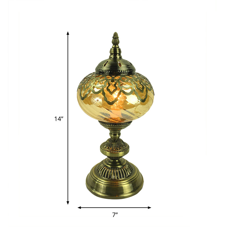 Amber Glass Brass Table Lighting Teapot/Oval 1 Bulb Bohemia Nightstand Light for Bedroom, 14"/16" Tall