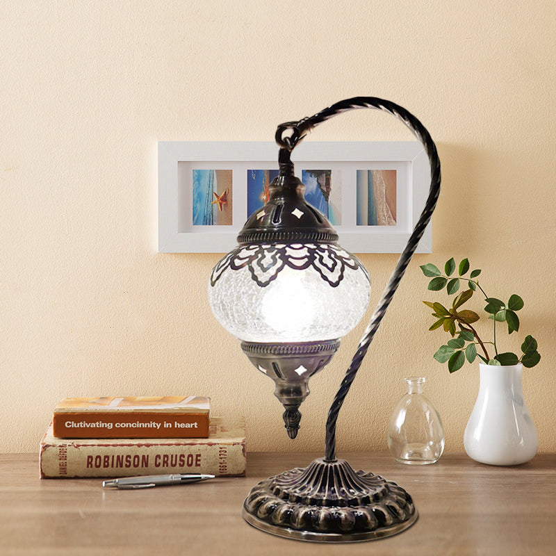 Crackle Glass Bronze Desk Light Elliptical 1 Light Turkish Night Lamp with Curving Arm, 15"/18"/21" High