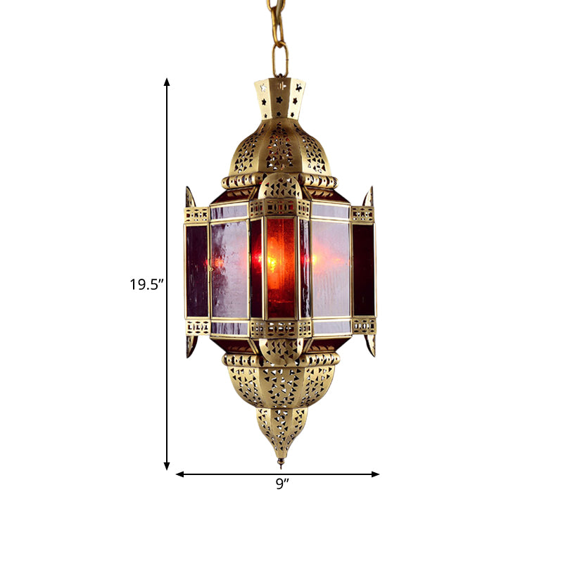 3 Heads Red Glass Suspension Light Arabian Brass Lantern Pendant Chandelier with Cutout Decor