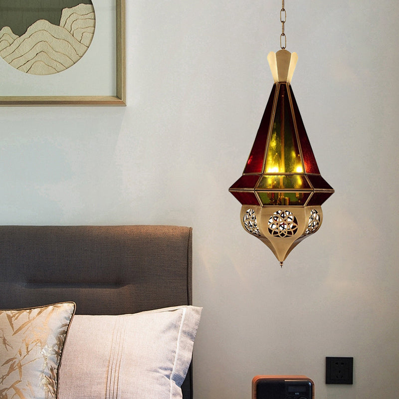 Tapered Metal Pendant Lamp Arab 3 Bulbs Restaurant Chandelier in Brass with Stained Glass Shade