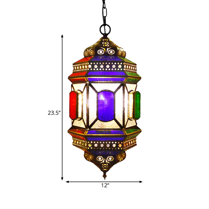Retro Lantern Chandelier Light 3-Bulb Stained Glass Suspension Lamp in Brass for Restaurant