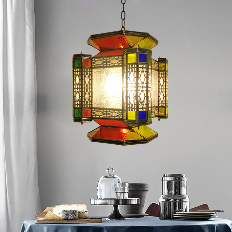 Vintage lantaarn kroonluchter verlichting 3 lichten gestructureerde glazen hanglamp in messing