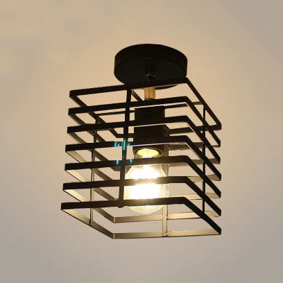 1 Bulb Squared Ceiling Light Fixture with Cage Shade Retro Loft Black Metallic Semi Flush Pendant Light