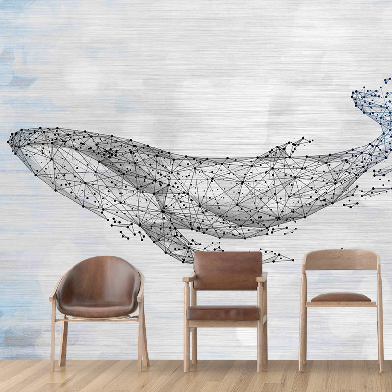 Extra Large Illustration Original Mural Wallpaper for Home Decoration with Whale Pattern in Blue and White