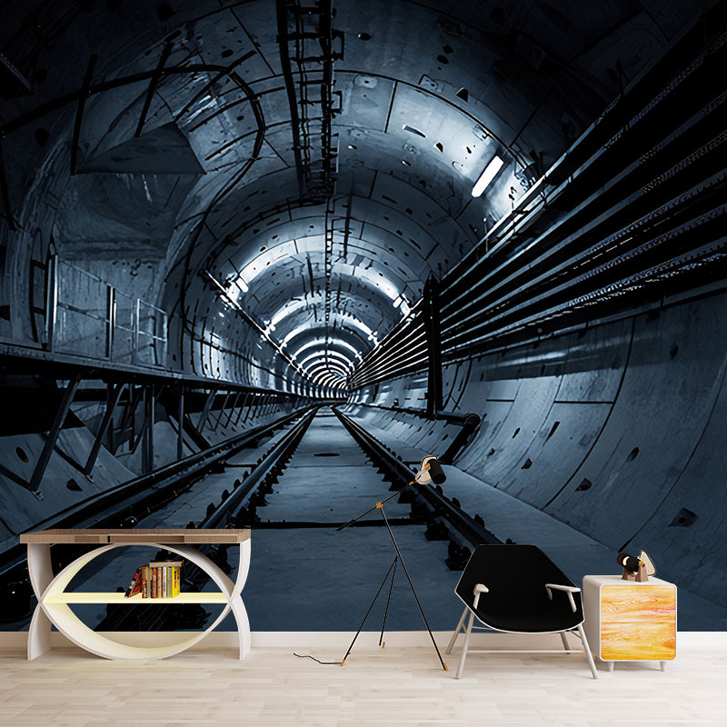 Giant Mural Wallpaper with Industrial 3D Tunnel and Rail Wall Art in Dark Color