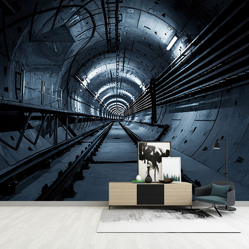 Giant Mural Wallpaper with Industrial 3D Tunnel and Rail Wall Art in Dark Color