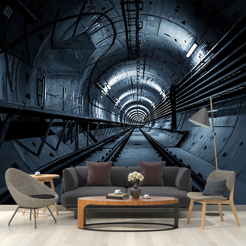 Giant Mural Wallpaper with Industrial 3D Tunnel and Rail Wall Art in Dark Color