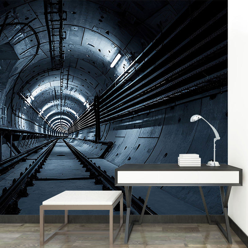 Giant Mural Wallpaper with Industrial 3D Tunnel and Rail Wall Art in Dark Color