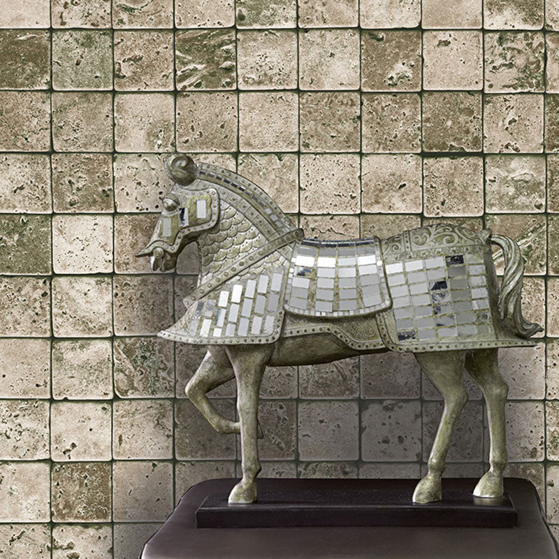 History Museum Wallpaper Roll with Square Brick Design in Olive Green, 57.1 sq ft., Non-Pasted