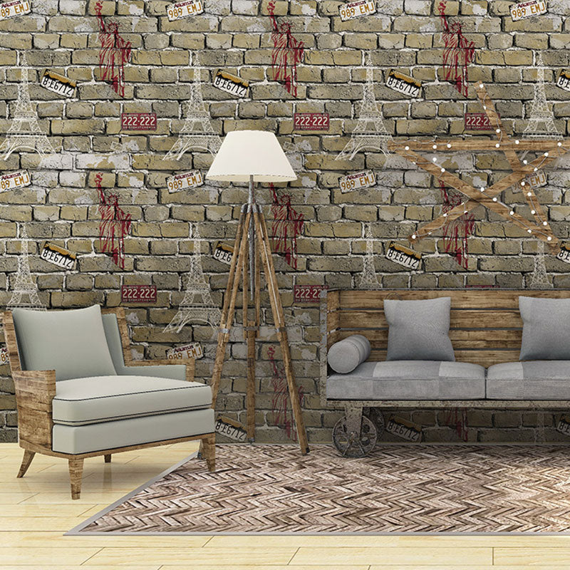 Coffee Shop Wallpaper Vintage Pastel Color Brick and Car Plate Wall Decor, Non-Pasted