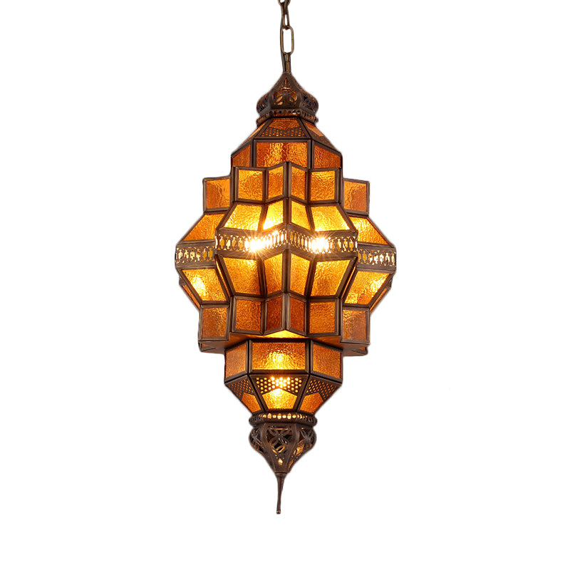 Pendante géométrique antique 12 ampoules Amber Textured Glass plafond lustre en laiton