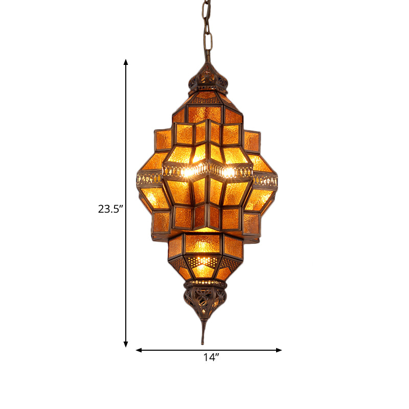 Pendante géométrique antique 12 ampoules Amber Textured Glass plafond lustre en laiton