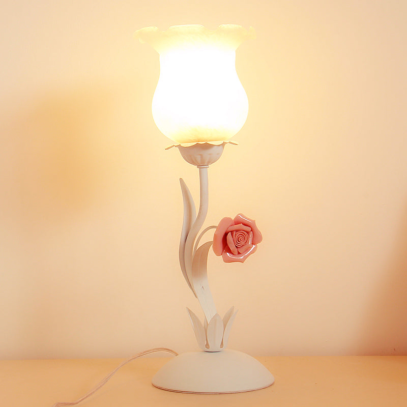 1-Bulb Frosted Glass Nightstand Light Pastoral Style Pink/Blue Rose Night Table Lighting for Bedroom