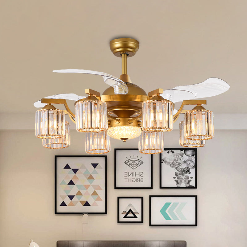 Crystal Cylinder Hanging Fan Light Traditional 8 Bulbs 3-Blade Semi Flush Mount Light in Gold, 43" Width