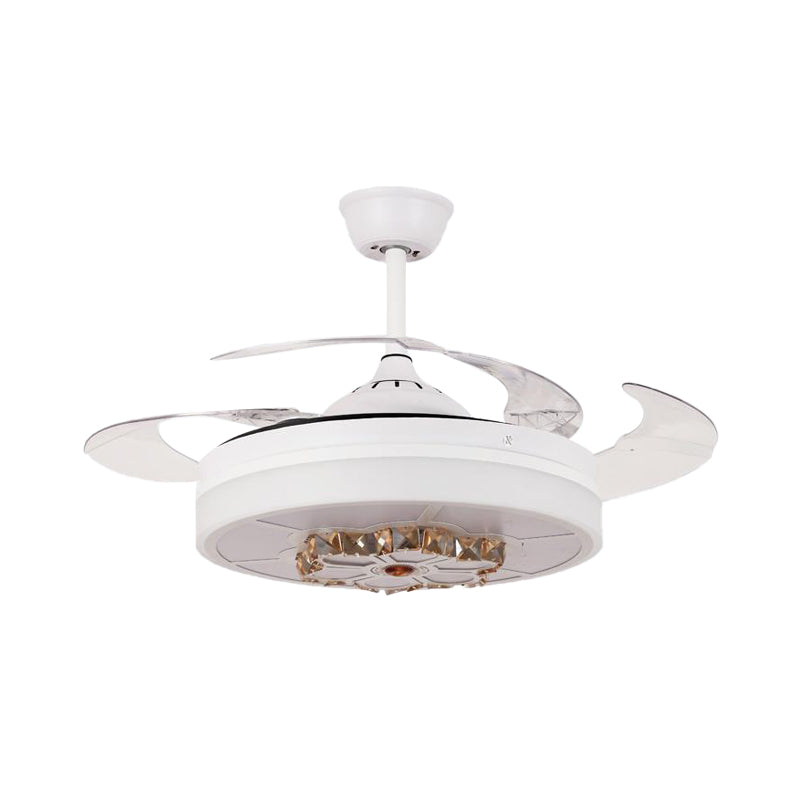 3 Blades Drum Semi Flush Light Modernism White Crystal Pendant Fan Lamp for Living Room, 19" Wide