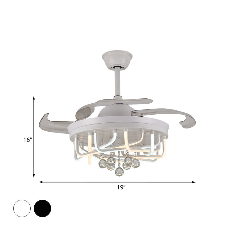 19" W 3 Blades Ceiling Fan Lighting with Acrylic Linear Shade Crystal Contemporary Bedroom Semi Flush Mount Light Fixture in White/Black