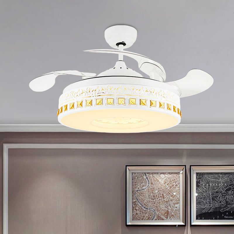 Nordic Round Fan Light 4-Blade LED Metal Semi Flush Mount Ceiling Fixture with Crystal Trim in White, 19.5" Wide