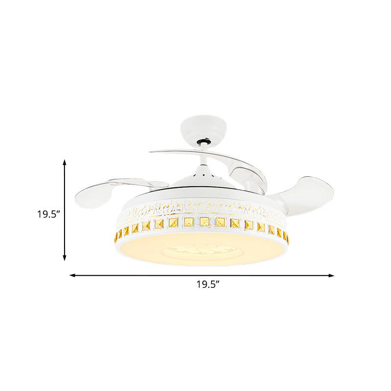 Nordic Round Fan Light 4-Blade LED Metal Semi Flush Mount Ceiling Fixture with Crystal Trim in White, 19.5" Wide