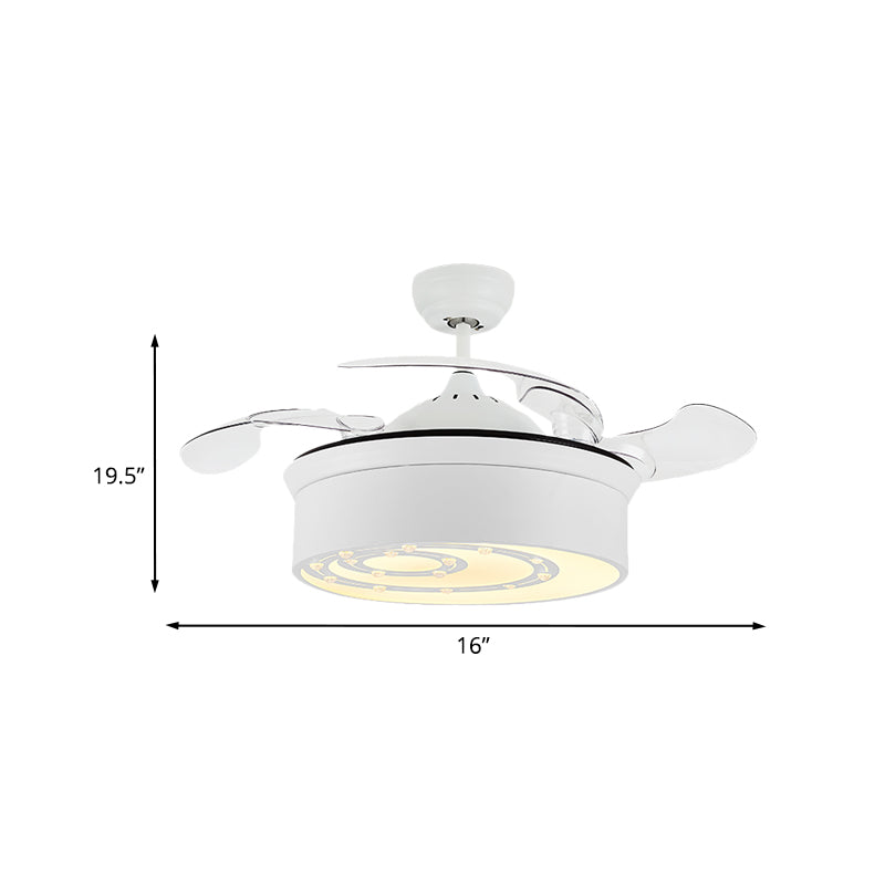 16 "W witte bloemen/trommel plafondventilator licht moderne kristallen slaapkamer led semi -spoeling met 3 intrekbare messen