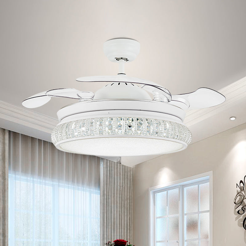 3-Blade Crystal Circle Fan Light Fixture Modern Living Room 19.5" Wide LED Semi Flush Mounted Lamp in White