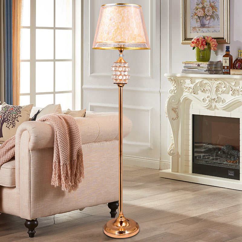 Print Fabric Gold Floor Lamp 2 Layers Tapered Shade Single Traditional Stand Up Lamp with Crystal Details