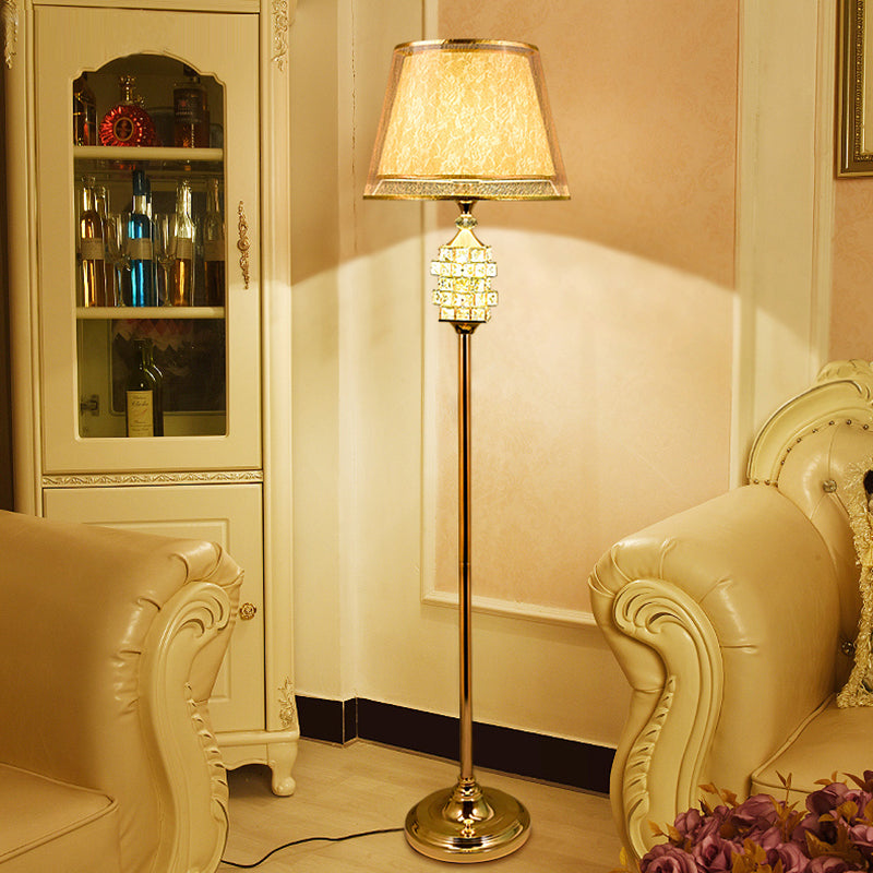 Print Fabric Gold Floor Lamp 2 Layers Tapered Shade Single Traditional Stand Up Lamp with Crystal Details